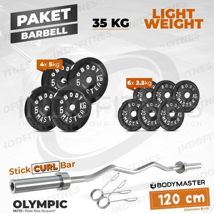 BODYMASTER Paket Gym Stick Curl Bar 5cm + Beban besi Dumbell Barbel - LIGHT 35KG, KURIR TOKOPEDIA