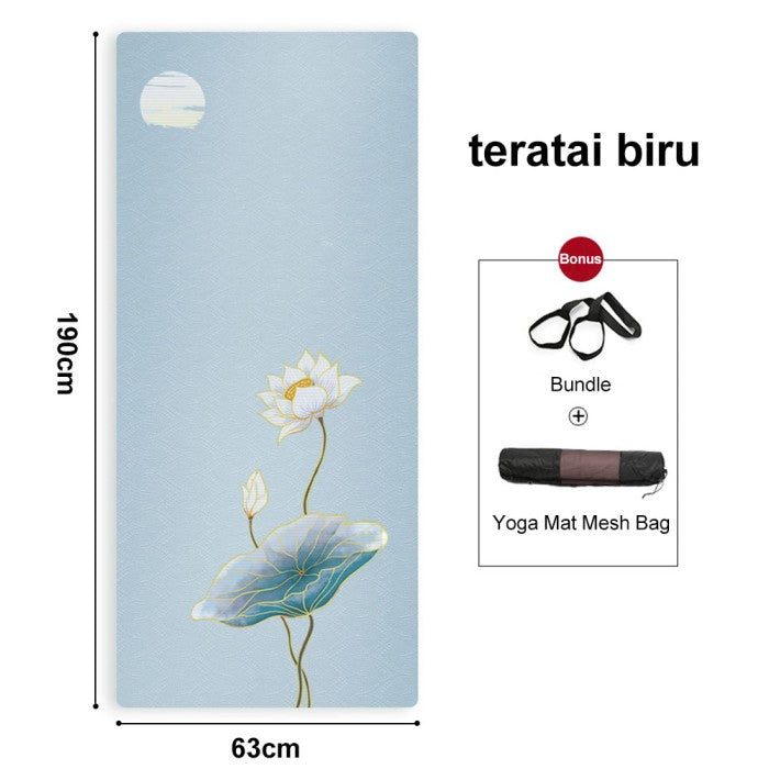 OneTwoFit TPE Yoga Mat 8MM Printing Matras Yoga Premium Eco Friendly Matras Olahraga - bunga biru