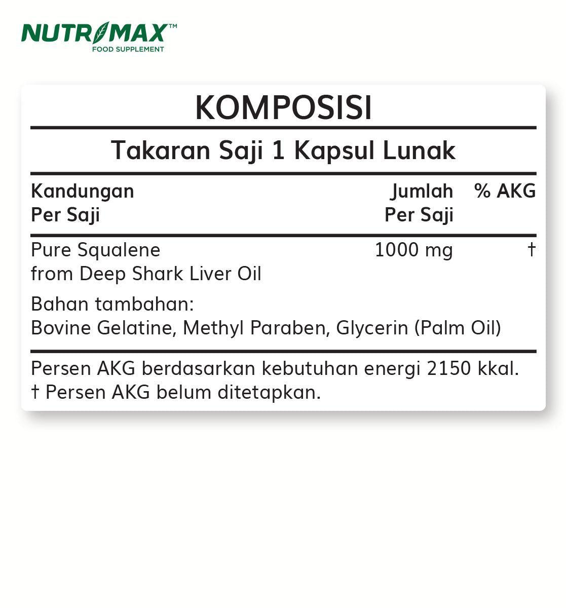 Nutrimax Squalene Softgel Isi 30, Kandungan Oksigen Ikan Hiu Laut untuk Metabolisme