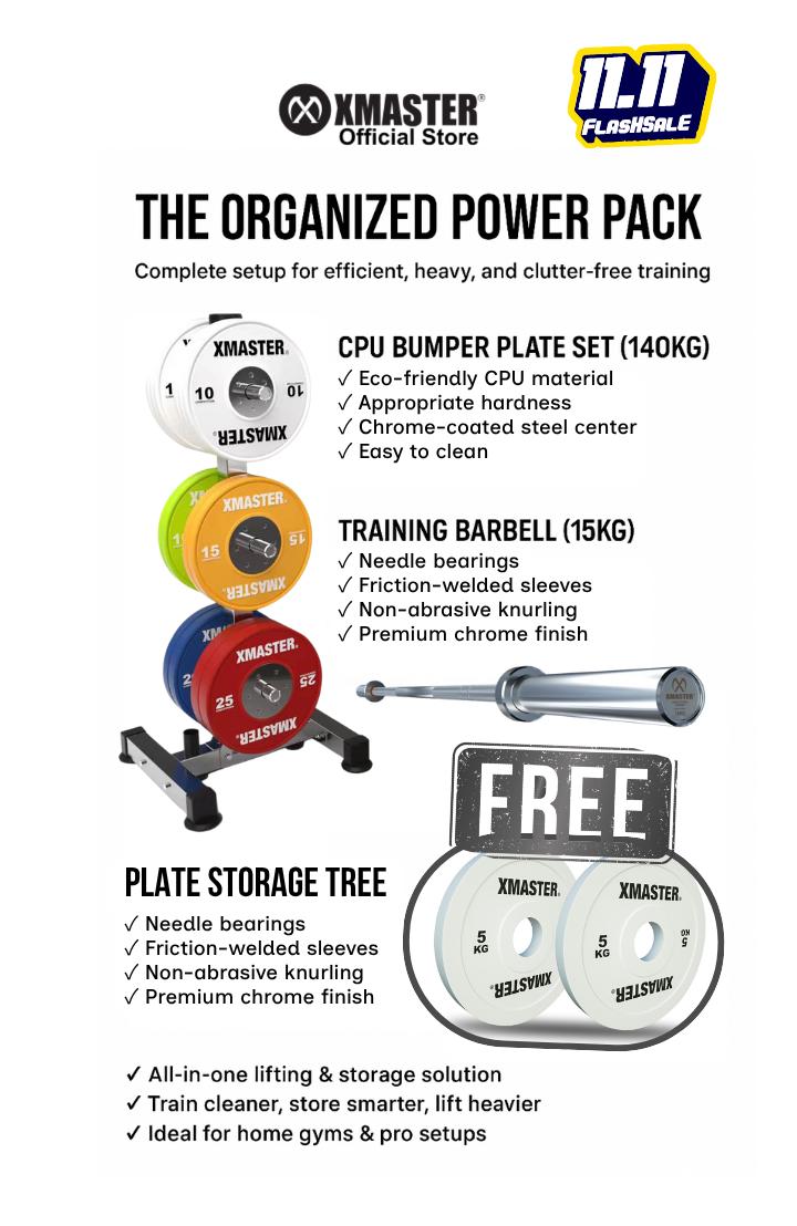 XMASTER Bundle - CPU Bumper Plate Set 140kg + Training Barbell 15kg + Plate Storage + Change Plate