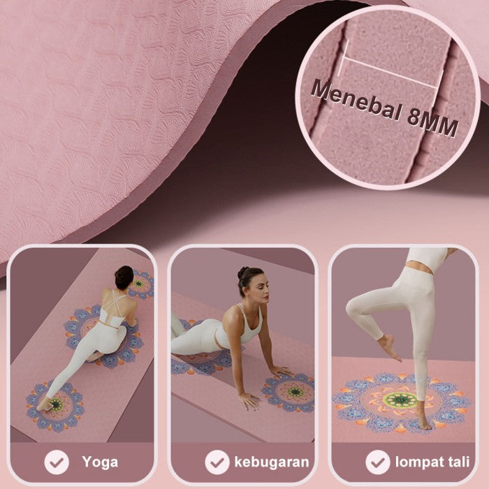 OneTwoFit TPE Yoga Mat 8MM Printing Matras Yoga Premium Eco Friendly Matras Olahraga - bunga biru