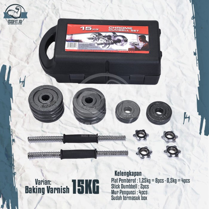 DUMBELL SET CHROME / Barbel / Alat Angkat Beban with BOX - Electoplat 15KG