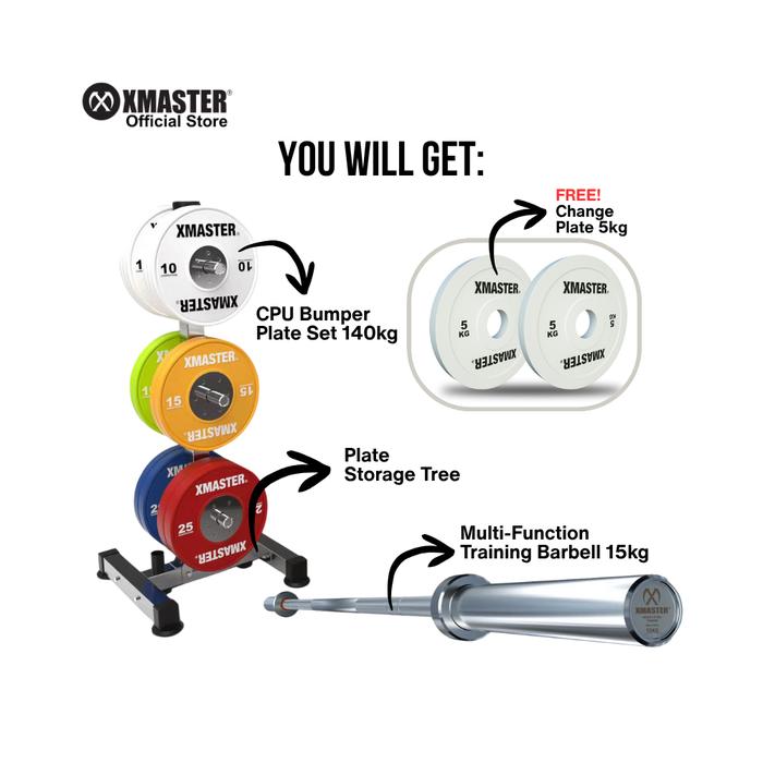 XMASTER Bundle - CPU Bumper Plate Set 140kg + Training Barbell 15kg + Plate Storage + Change Plate