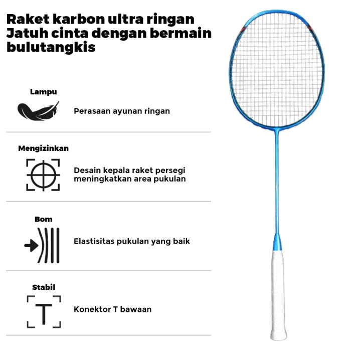 OneTwoFit Raket Badminton Full Carbon 30Lbs 78G Kirim Tas penyimpanan - Biru
