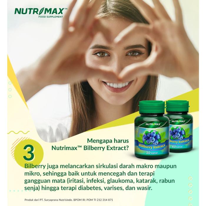 Nutrimax Bilberry Extract Anti Oksidan Iritasi Gatal Glaukoma Katarak Rabun Senja Mata Matah Lelah Mengatasi Gangguan Pencernaan Wasir - 30 Kapsul