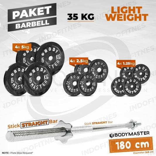 BODYMASTER Paket Barbell 180cm + Plate Besi / Barbel 1,8m Iron Plate - LIGHT 35KG, KURIR TOKOPEDIA