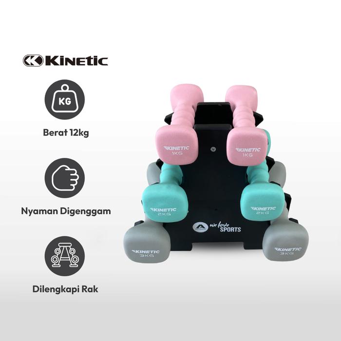 KINETIC SET 6 PCS DUMBBELL NEOPRENE DENGAN RAK 12 KG