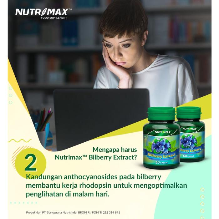 Nutrimax Bilberry Extract Anti Oksidan Iritasi Gatal Glaukoma Katarak Rabun Senja Mata Matah Lelah Mengatasi Gangguan Pencernaan Wasir - 30 Kapsul