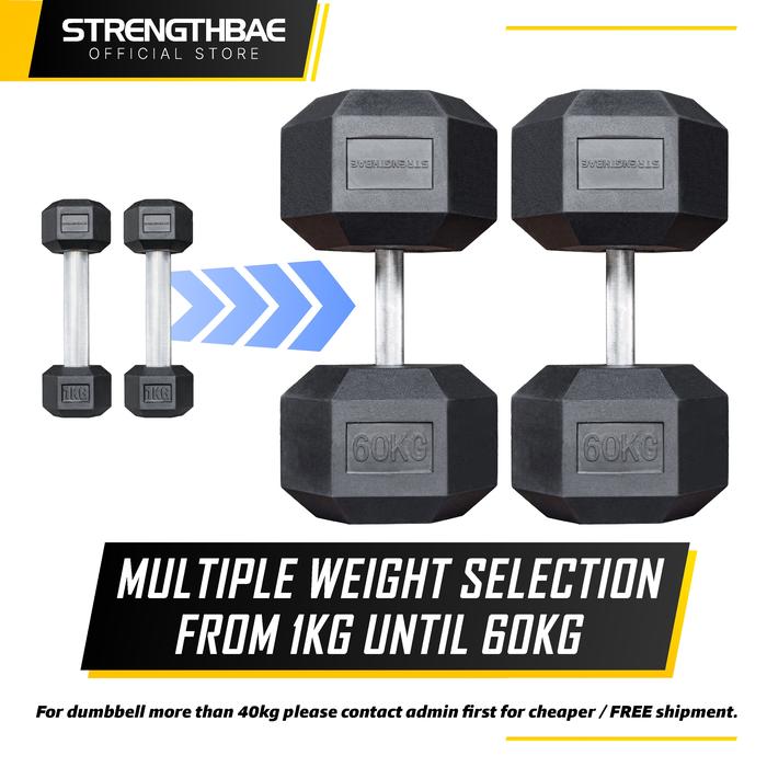 Hex Dumbbell STRENGTHBAE 2–60Kg Straight Handle Hexagonal Rubber Gym - Harga/kg