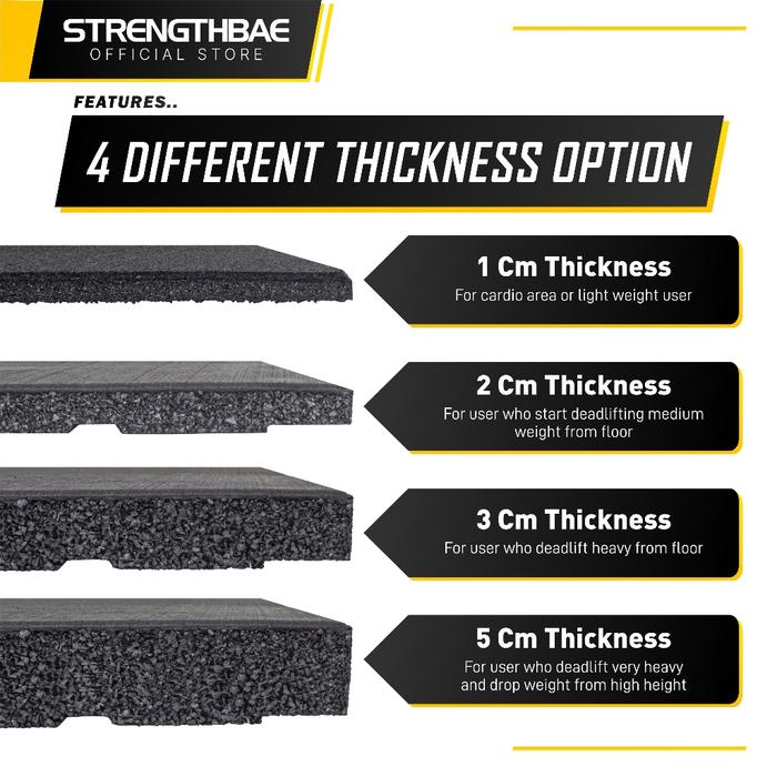 Rubber Gym Floor STRENGTHBAE Karpet Lantai Flooring Mat 1cm 2cm 3cm 5cm - 50 x 50 (4pc), 1cm Thickness