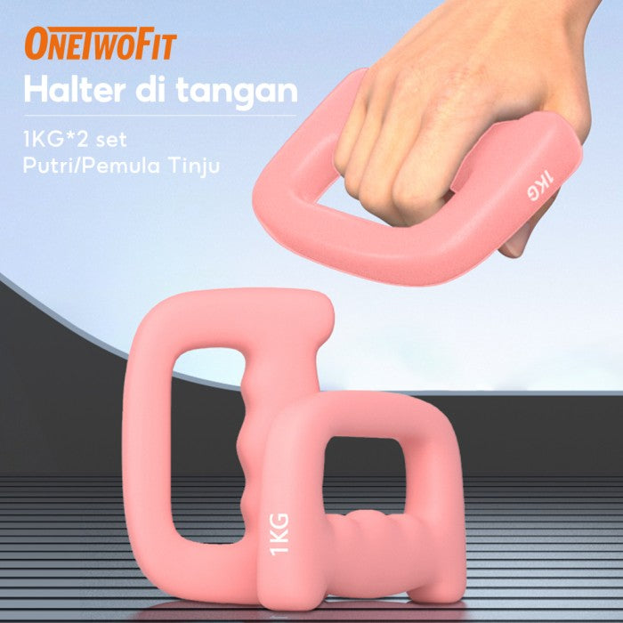 OneTwoFit Non Slip Dumbbell with Handle 1 KG Multifungsi Barbel Gym Fitness Pemula Tinju (2 PCS) - Merah Muda