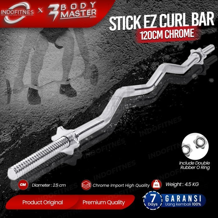 BODYMASTER Stick EZ Curl Bar 120cm Chrome - Stik Bengkok Bicep Barbell - BELUM ONGKIR
