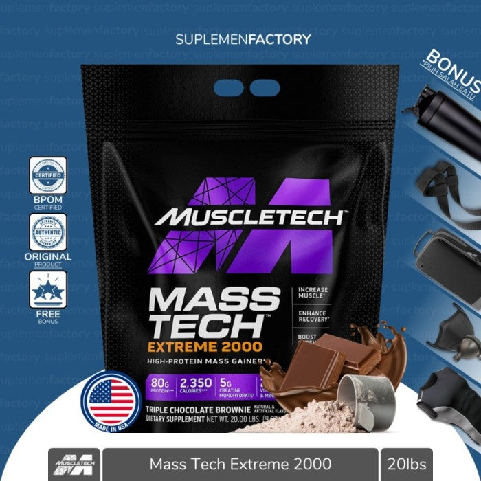 MASSTECH EXTREME 2000 22 LBS MASS TECH MUSCLETECH GAINER FREE SHAKER - Coklat