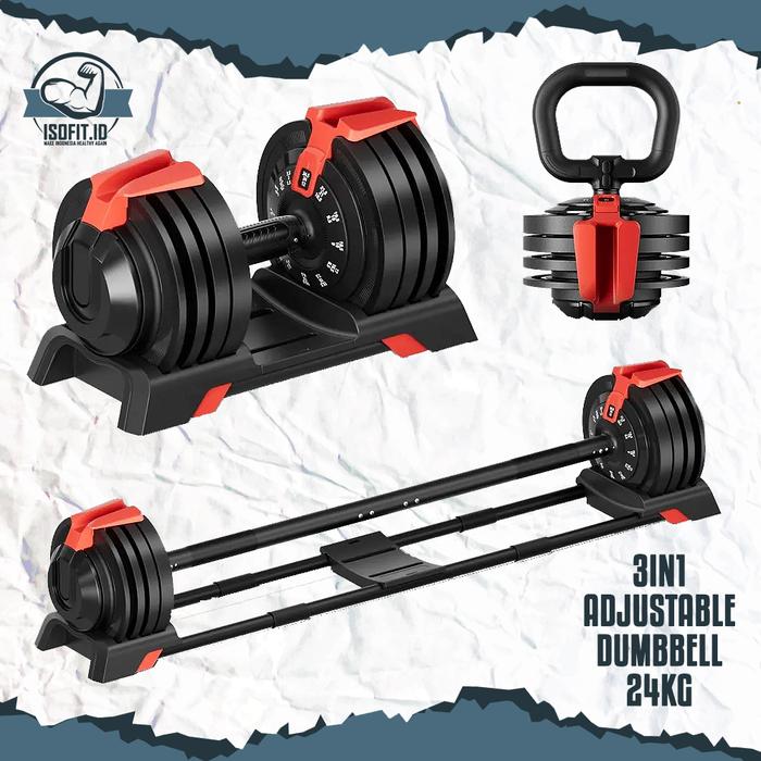 3IN1 Adjustable Dumbell & Barbell / Alat Fitness Set 3 KG - 24 KG