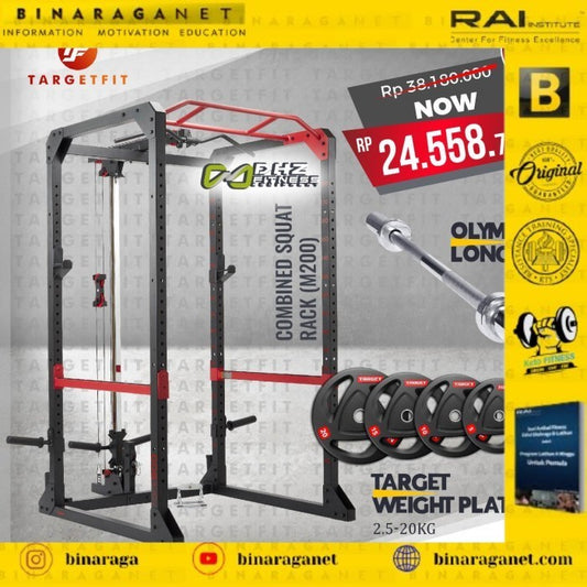 PAKET DHZ COMBINED SQUAT RACK + TARGET POLYURETHANE 155kg + LONG BAR