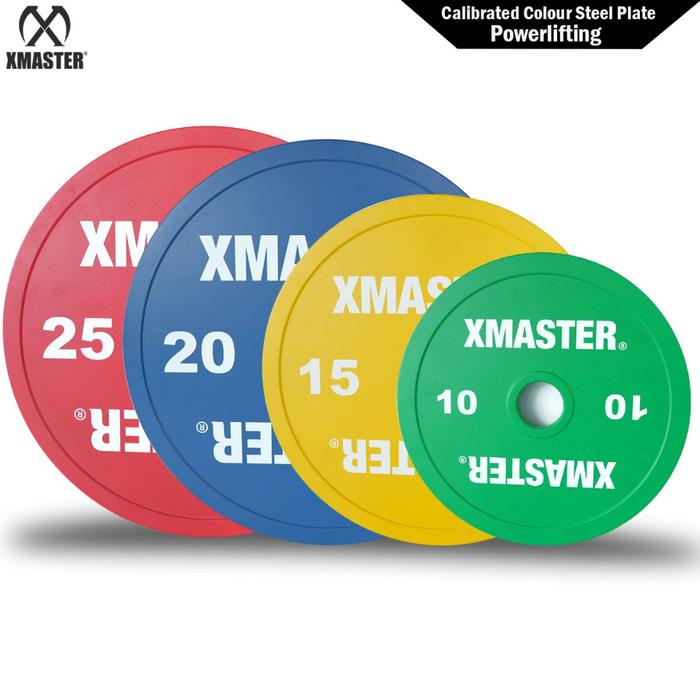 XMASTER Calibrated Plate Powerlifting 5–25kg – Olympic 50mm, Color Coded IPF, Steel – Pair/Set - 10kg Sepasang