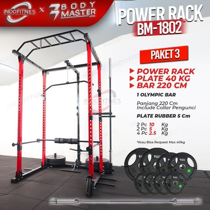 BODYMASTER PAKET Power Rack BM-1801 + Stick Bar 200/218cm + Beban Besi - LANDMINE + TBAR, BELUM ONGKIR