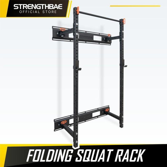 Folding Squat Rack STRENGTHBAE Foldable Power Rack Wall Mount Rig Mounted Rigs Half Bench Press