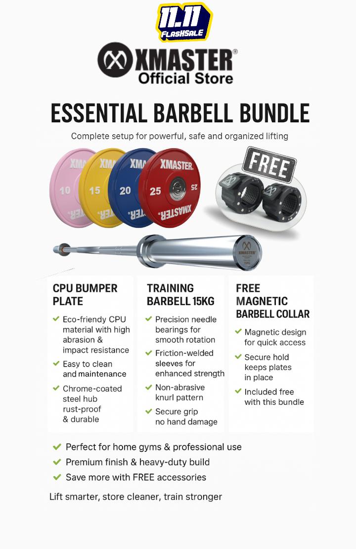 XMASTER Bundle - CPU Bumper Plate Set 140kg + Training Barbell 15kg + Barbell Collar