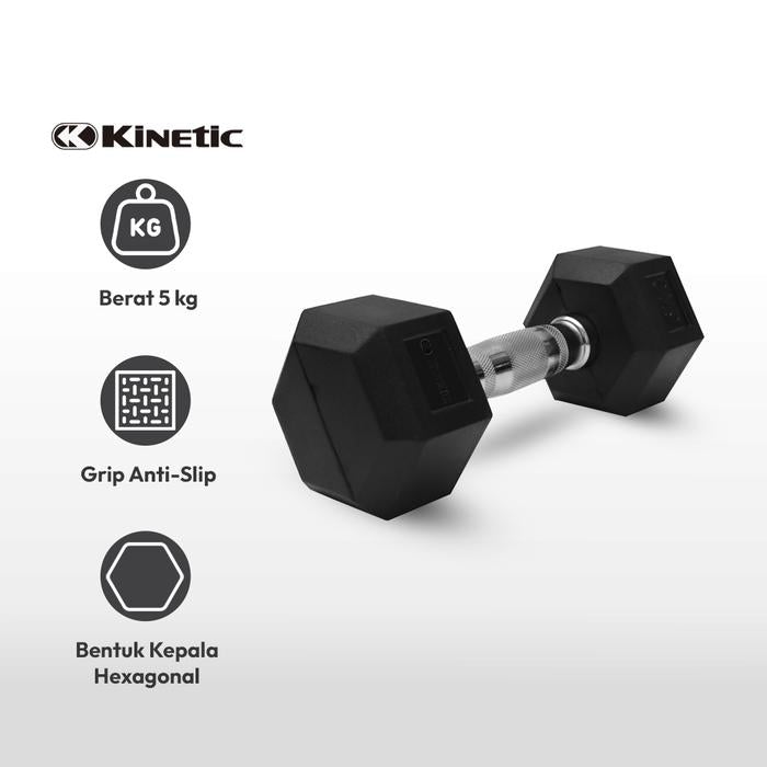KINETIC DUMBBELL KARET HEXAGONAL 5 KG - HITAM
