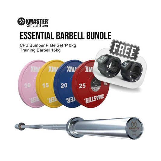 XMASTER Bundle - CPU Bumper Plate Set 140kg + Training Barbell 15kg + Barbell Collar