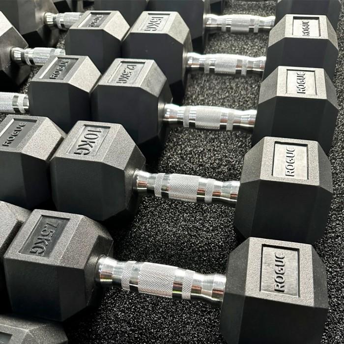 ROGUE Original Hex Dumbbell Rubber Latihan Angkat Beban Otot Home Gym Fitness CrossFit Training - 2,5kg Sepasang - 12,5kg Sepasang