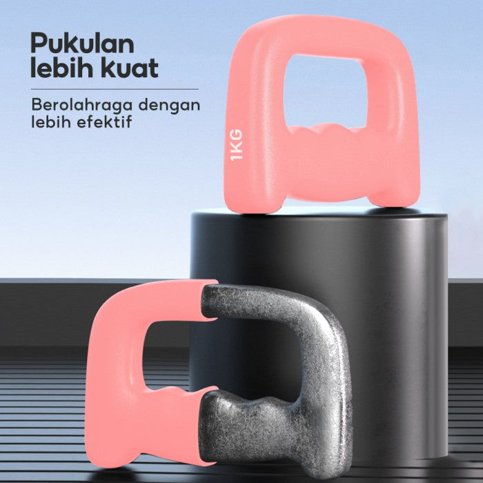 OneTwoFit Non Slip Dumbbell with Handle 1 KG Multifungsi Barbel Gym Fitness Pemula Tinju (2 PCS) - Merah Muda