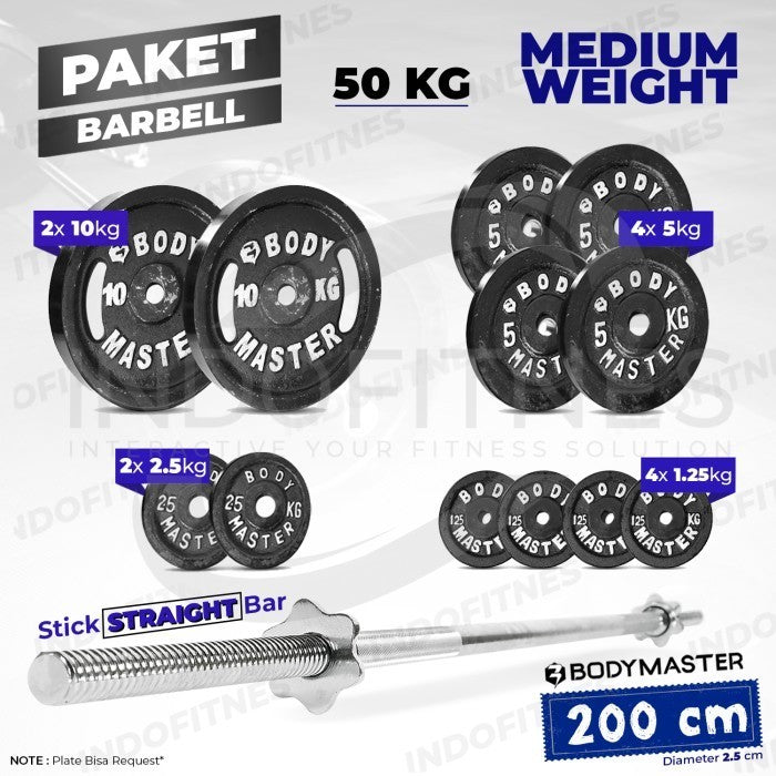 BODYMASTER Paket Stick 200 cm Plate beban besi Dumbell Barbel Bar - LIGHT 35KG, KURIR TOKOPEDIA