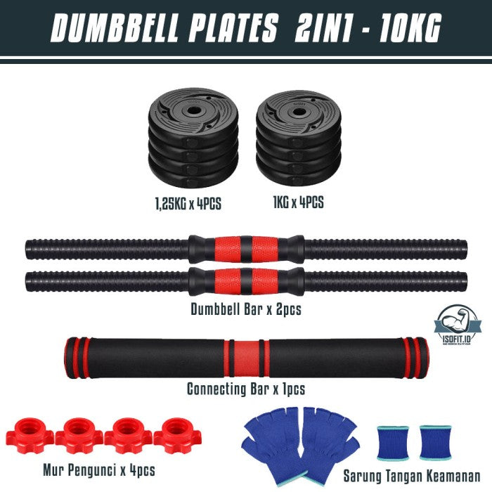 DUMBELL SET ROUND / Barbel / Alat Angkat Beban/ Alat Fitness - 2 IN 1 - 10KG
