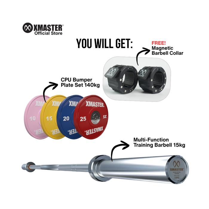XMASTER Bundle - CPU Bumper Plate Set 140kg + Training Barbell 15kg + Barbell Collar