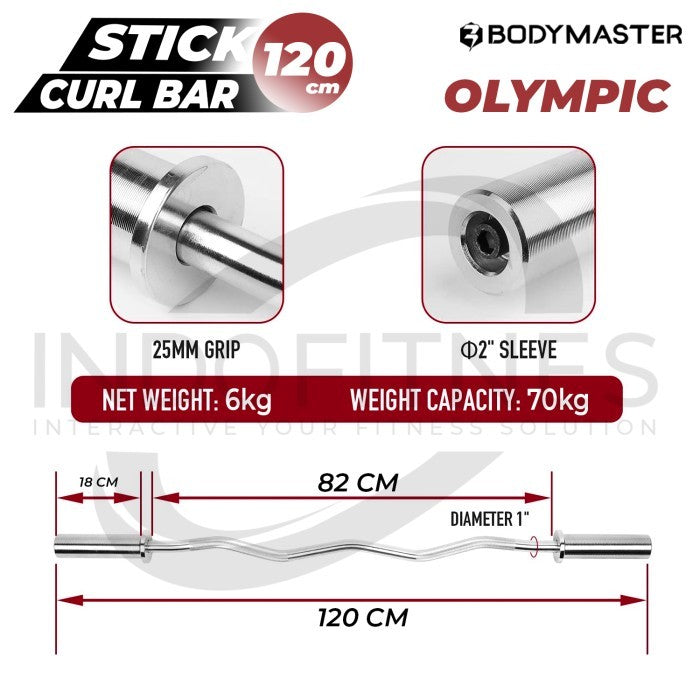 BODYMASTER Stick EZ Curl Bar 130cm Chrome - Stik Bengkok Bicep Barbell - Stick BM-A186