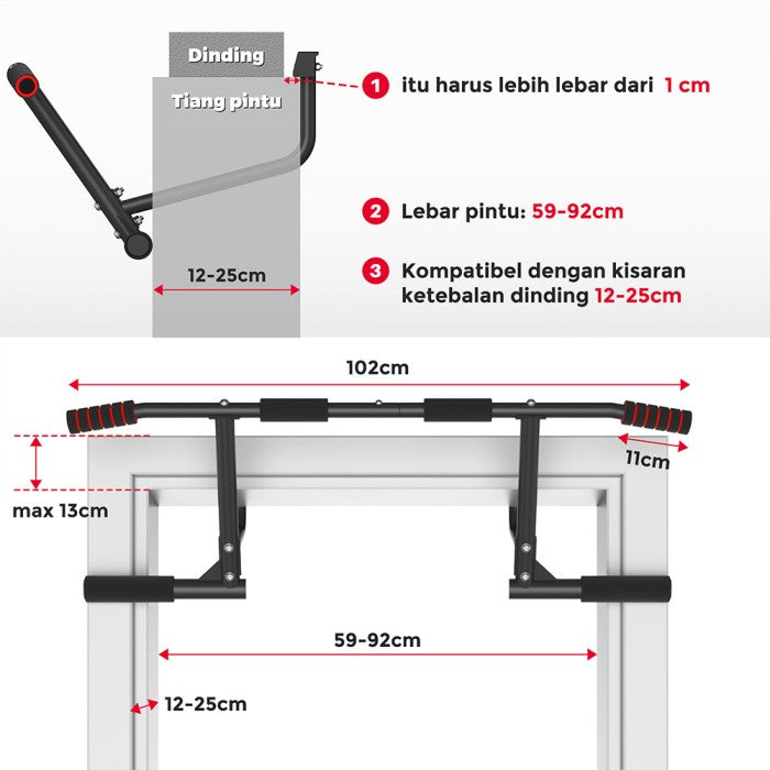 OneTwoFit Doorway alat Pull Up Bar Door Adjustable Width Elevated alat olahraga Fitness Gym
