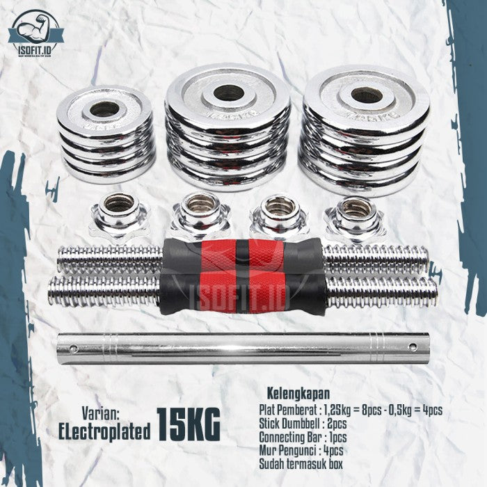 DUMBELL SET CHROME / Barbel / Alat Angkat Beban with BOX - Electoplat 15KG