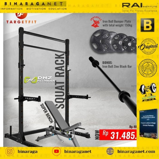 BINARAGANET Paket Squat Rack + Bench + Bar + Weight Plate Total 155kg