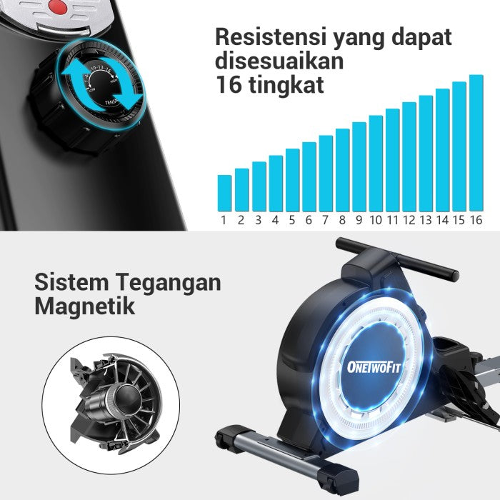 OneTwoFit Rowing Machine Resistensi Adjustable 16 tingkat