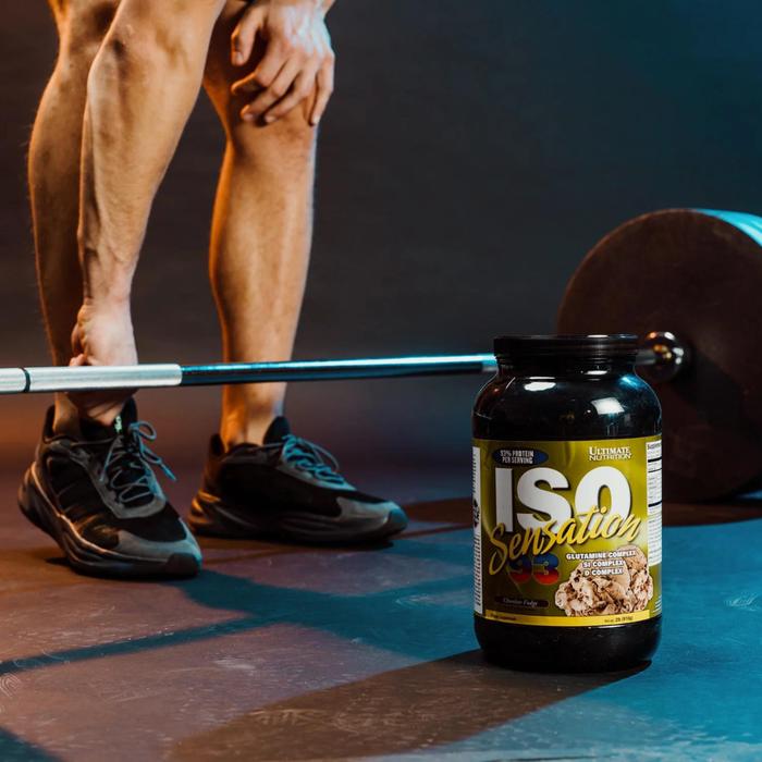 Ultimate Nutrition ISO Sensation suplemen fitness / suplemen gym / suplemen protein penambah massa otot - Chocolate Fudge, 5 lb