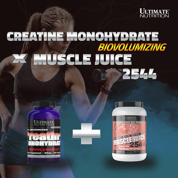 Paket Bundling Ultimate Nutrition Creatine Monohydrate Caps x Muscle Juice 2544, 4,69lb flavor suplemen fitness / suplemen gym / suplemen protein penambah massa otot - Chocolate, Creatine Monohydrate Biovolumizing