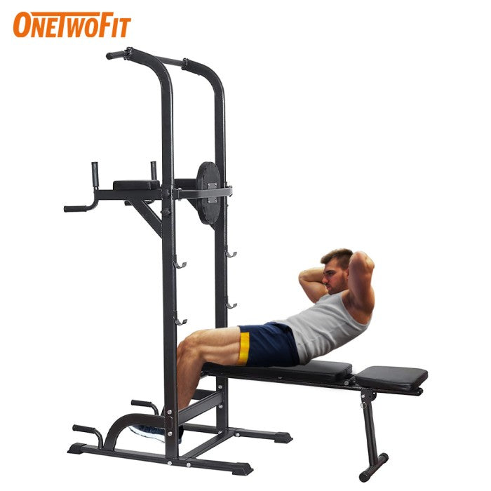 OneTwoFit Multi-Function Power Tower Pull Up Bar Station Chin Up with Sit Up Bench Alat Olahraga