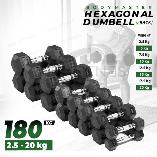 BODYMASTER [1 SET] Dumbell Fix Hex Rubber Set | Barbel Hexa Karet - 2.5-20KG