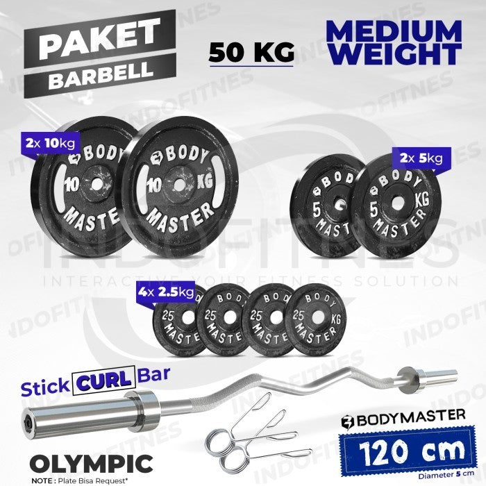 BODYMASTER Paket Gym Stick Curl Bar 5cm + Beban besi Dumbell Barbel - LIGHT 35KG, KURIR TOKOPEDIA