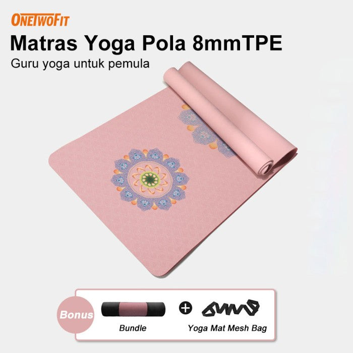 OneTwoFit TPE Yoga Mat 8MM Printing Matras Yoga Premium Eco Friendly Matras Olahraga - bunga biru