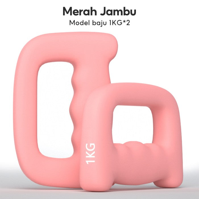 OneTwoFit Non Slip Dumbbell with Handle 1 KG Multifungsi Barbel Gym Fitness Pemula Tinju (2 PCS) - Merah Muda