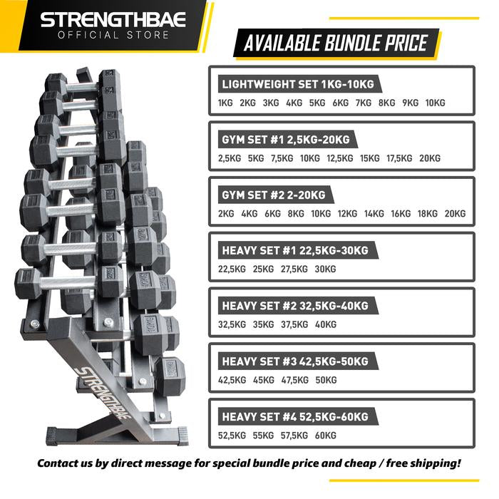 Hex Dumbbell STRENGTHBAE 2–60Kg Straight Handle Hexagonal Rubber Gym - Harga/kg