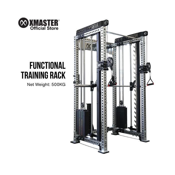 XMASTER All-in-One Functional Trainer Smith Machine Power Rack & Cable Crossover Alat Gym Rumah Baja 3mm Kokoh dengan Cable Chest System dan J-Cup - Outdoor - Power Rack Blk