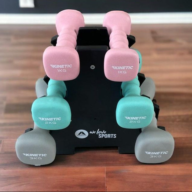 KINETIC SET 6 PCS DUMBBELL NEOPRENE DENGAN RAK 12 KG