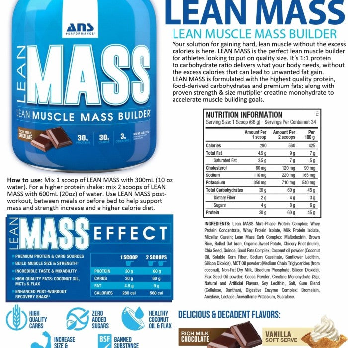 ANS Lean Mass 5 Lb 30 Gram Protein 30 Gram Carbo