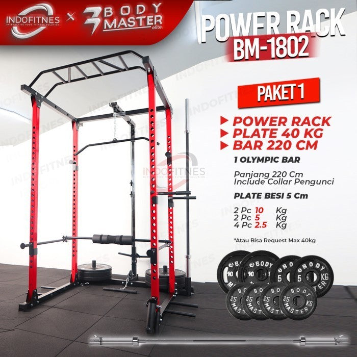 BODYMASTER PAKET Power Rack BM-1801 + Stick Bar 200/218cm + Beban Besi - LANDMINE + TBAR, BELUM ONGKIR