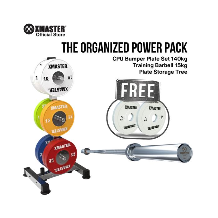 XMASTER Bundle - CPU Bumper Plate Set 140kg + Training Barbell 15kg + Plate Storage + Change Plate