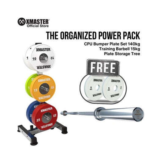 XMASTER Bundle - CPU Bumper Plate Set 140kg + Training Barbell 15kg + Plate Storage + Change Plate