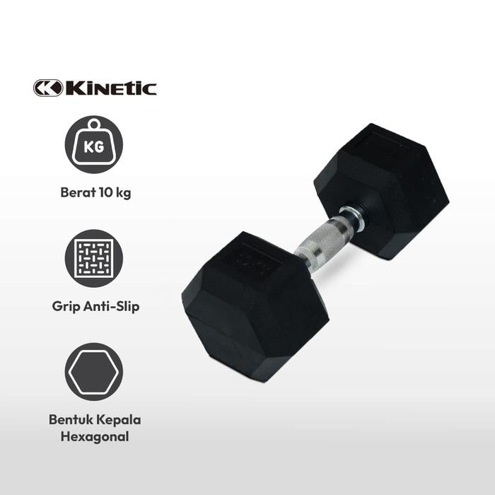 KINETIC DUMBBELL KARET HEXAGONAL 10 KG - HITAM